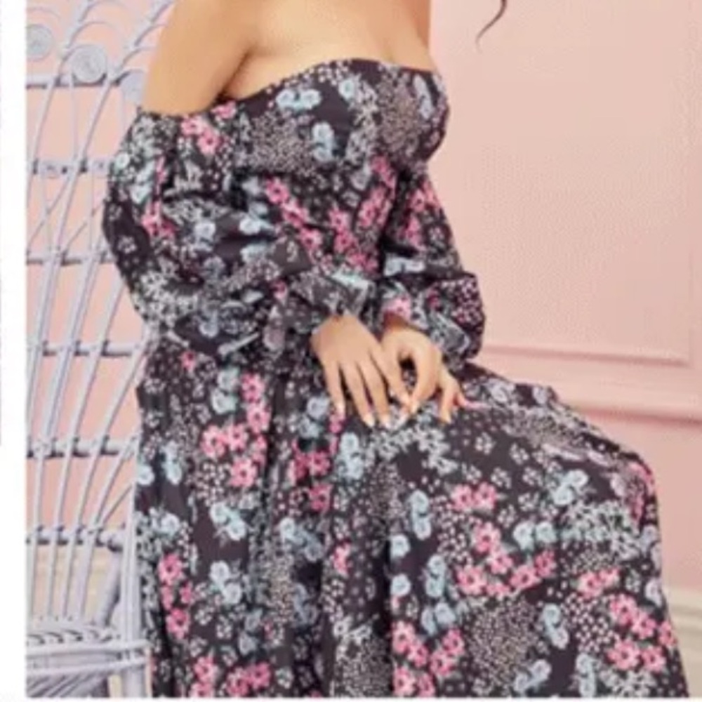 SHEIN Black Dress with Pink and Blue Floral Design